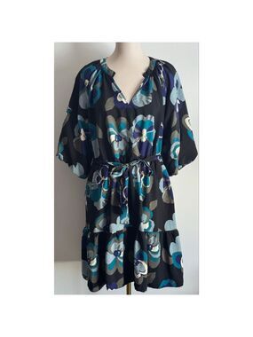 Women's Ophelia Roe. Black & Blue Floral V-Neck Dress XL